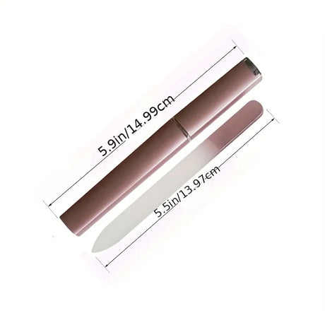 Rose gold nail file and case with measurements on a white background