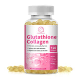 Bottle of Glutathione Collagen dietary supplement with pink label on a white background