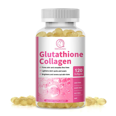 Bottle of Glutathione Collagen dietary supplement with pink label on a white background