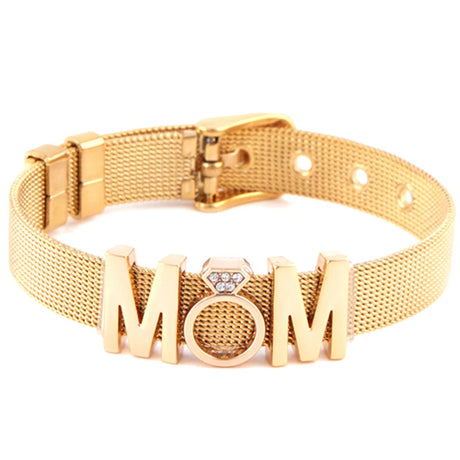 Gold bracelet with 'MOM' letters on a white background