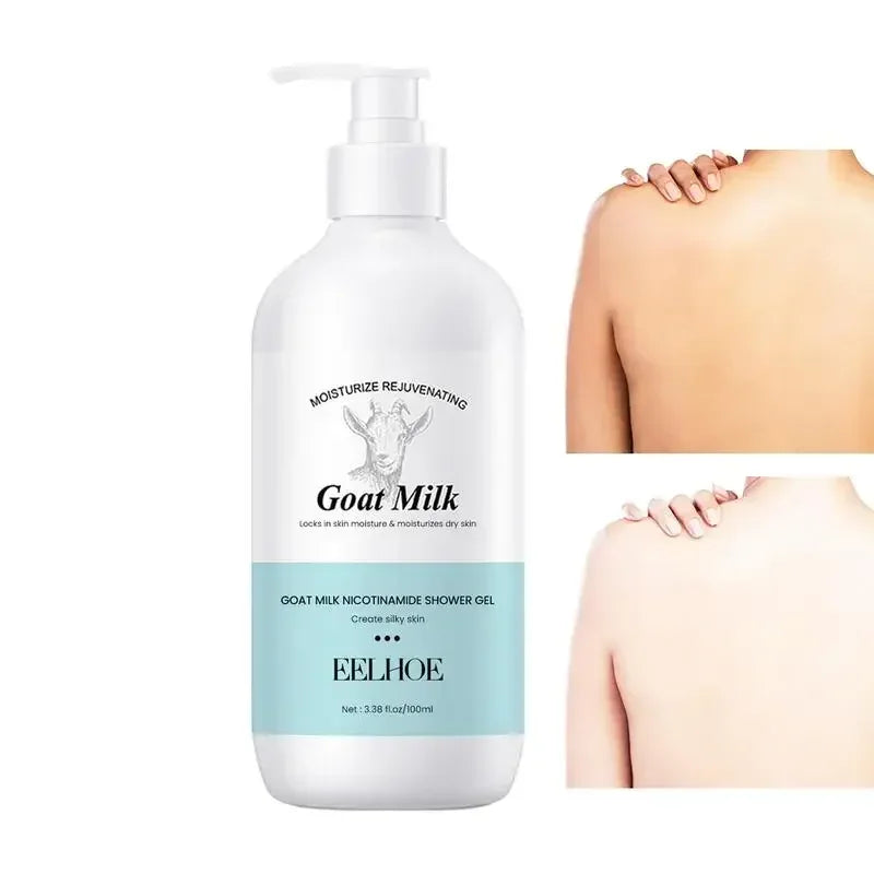 Goat milk shower gel bottle with a person using it on a white background