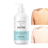 Goat milk shower gel bottle with a person using it on a white background