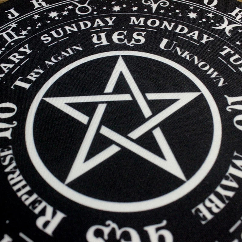 Black and white pentagram design with astrological symbols and text on a black background