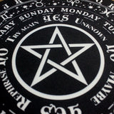 Black and white pentagram design with astrological symbols and text on a black background