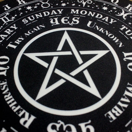 Black and white pentagram design with astrological symbols and text on a black background