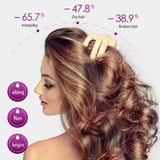 Woman with styled hair, showing percentage reduction of irritability, dryness, and broken hair, with a hand touching her hair.