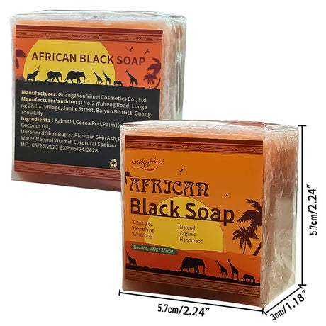 Two bars of African Black Soap with packaging and dimensions displayed.