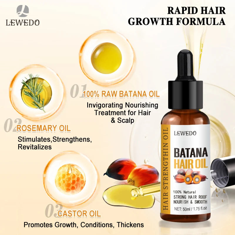 LEWEDO Batana Hair Oil bottle with ingredients and benefits on a beige background