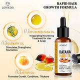 LEWEDO Batana Hair Oil bottle with ingredients and benefits on a beige background