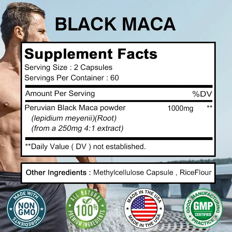 Supplement label for Peruvian Black Maca powder with a muscular man in the background.