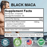 Supplement label for Peruvian Black Maca powder with a muscular man in the background.