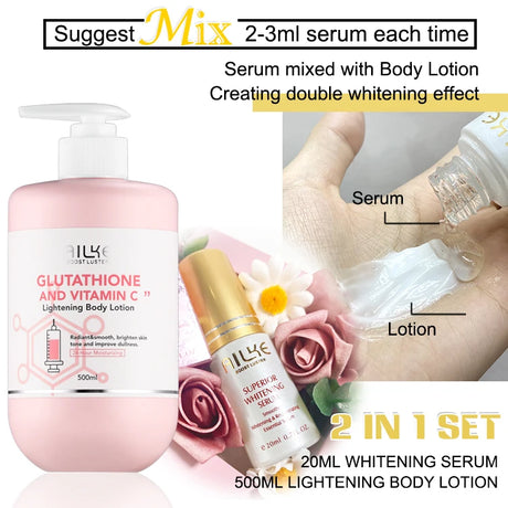 SK-II skincare products with text on serum and lotion usage