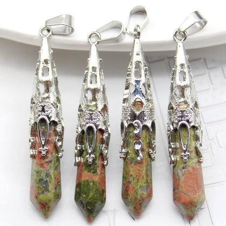 Four pendant necklaces with green and red stone bodies and silver tops on a white background.