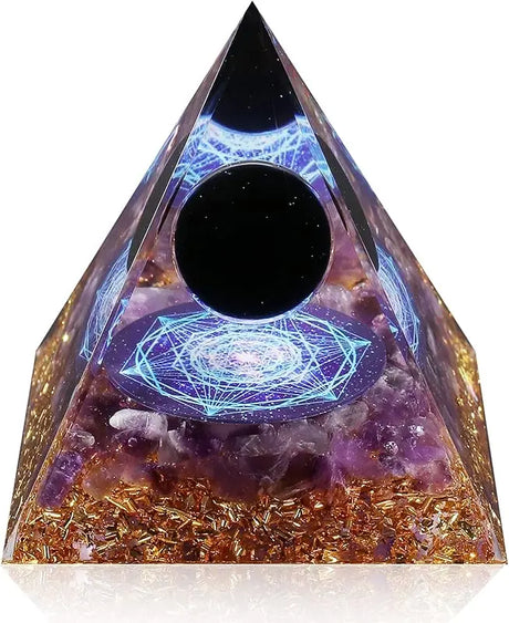 Triangular pyramid with crystal-like base and glowing geometric design inside