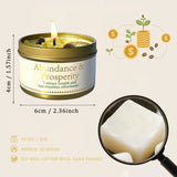 Candle in a tin labeled 'Abundance & Prosperity' with dimensions and material details.