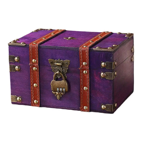Purple wooden chest with brown leather straps and a锁on a white background