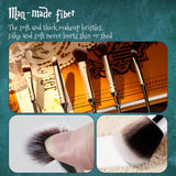 Makeup brushes with text about man-made fiber bristles on a decorative background.