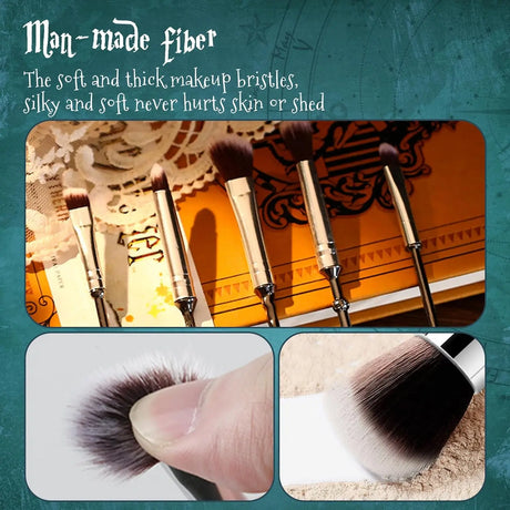 Makeup brushes with text about man-made fiber bristles on a decorative background.