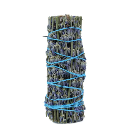 Bouquet of lavender tied with blue string on a white background