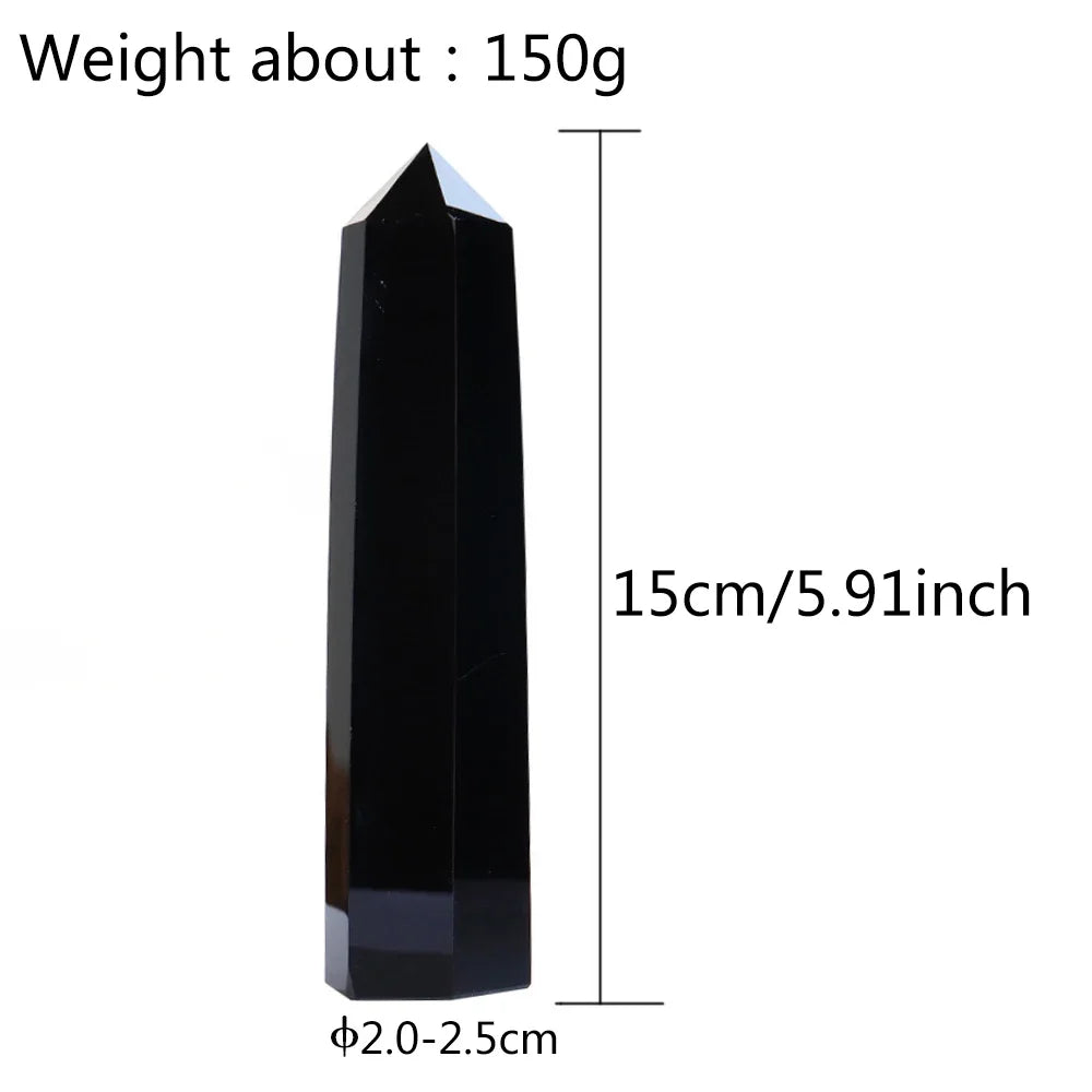 Black crystal with measurements and weight information on a white background