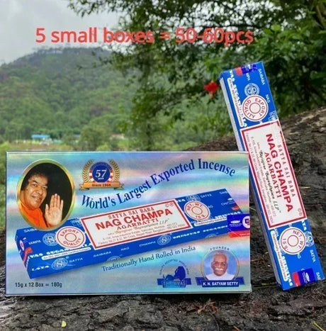 Nag Champa incense packaging with a scenic background