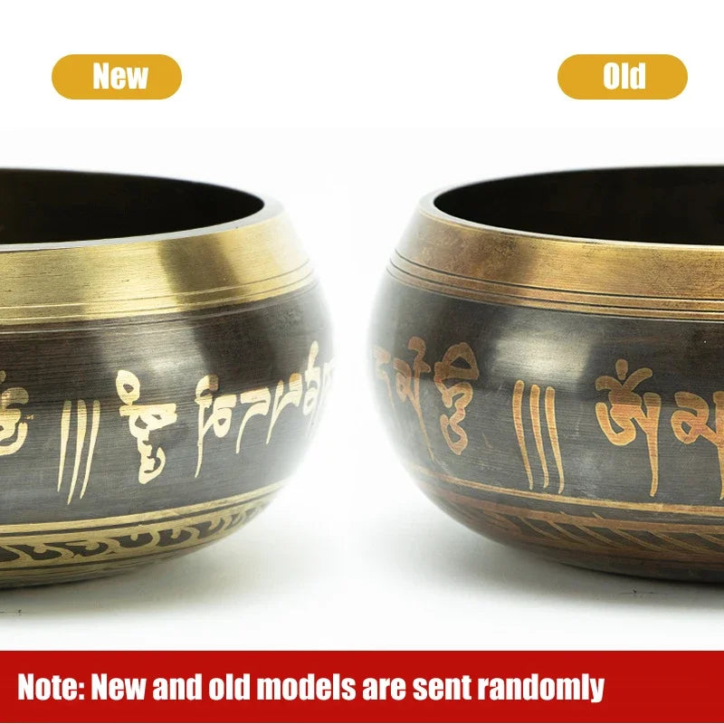 Two bronze singing bowls with gold inscriptions on a white background, labeled 'New' and 'Old'.