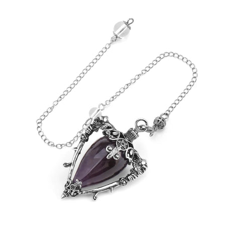 Silver necklace with a purple teardrop pendant on a white background