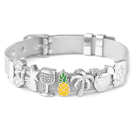 Silver bracelet with various charms including a pineapple, palm tree, and beach ball on a white background