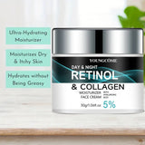 YOUNGCOME Day & Night Retinol & Collagen moisturizer jar on a light wooden surface with greenery in the background.