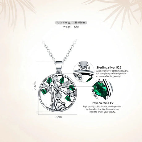 Silver necklace with green gemstone pendant on a light background