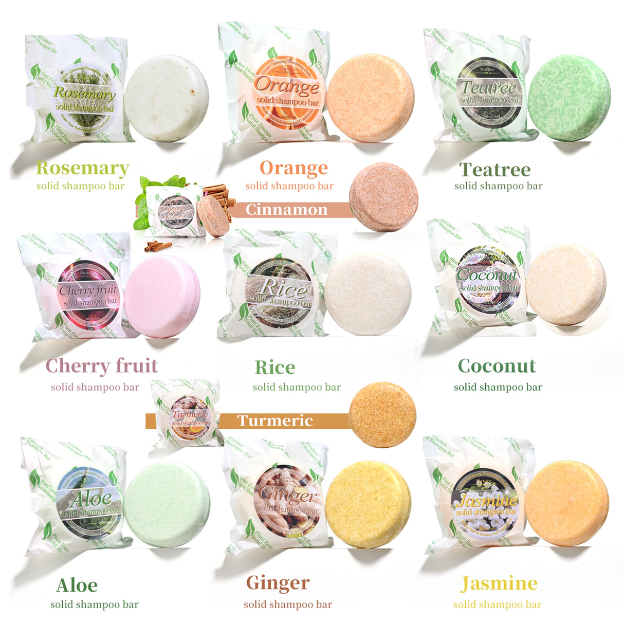 Collection of solid shampoo bars with packaging labeled for different scents on a white background.