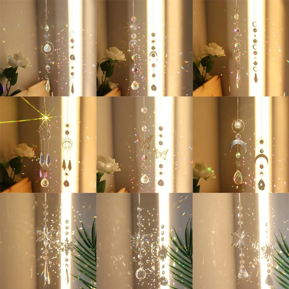 Decorative hanging crystal with floral and leaf elements in a collage format.