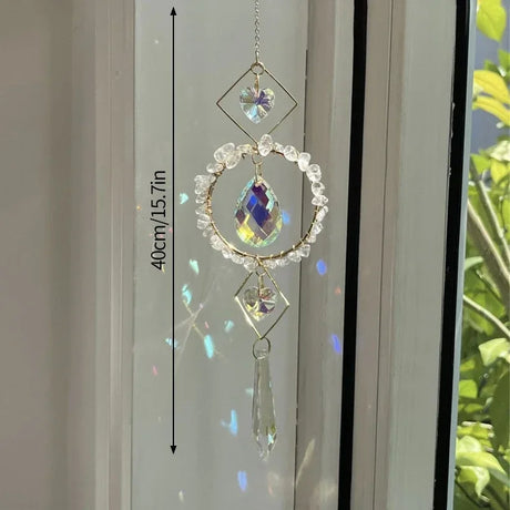 Decorative hanging crystal with measurement label on a window