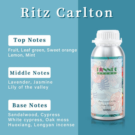 Ritz Carlton bottle with floral design on a blue background