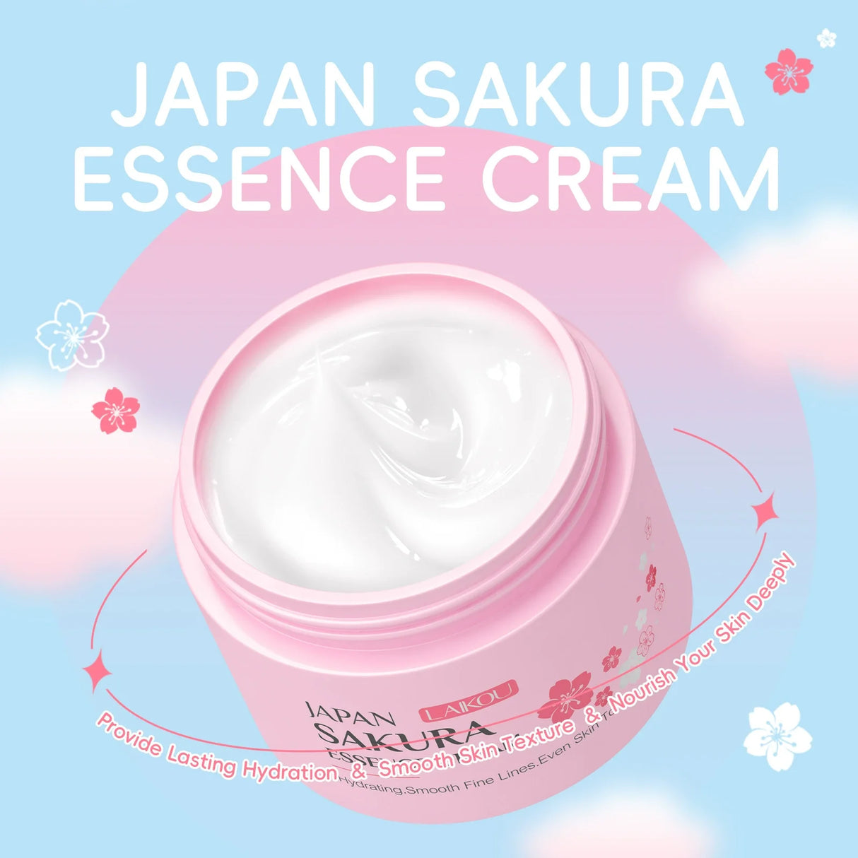 Jar of Japan Sakura Essence Cream with floral designs on a light blue background