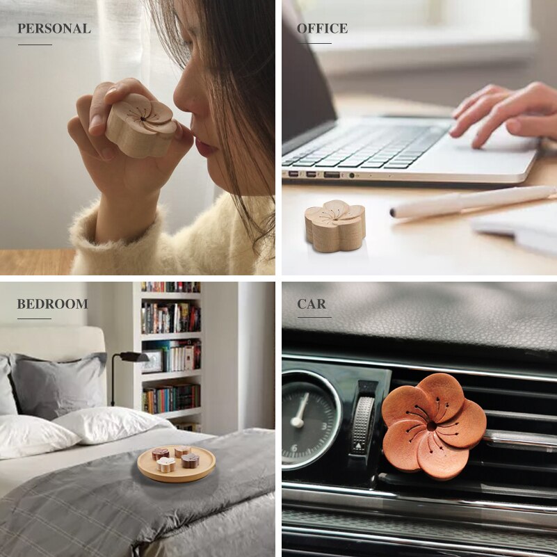 Collage of a wooden flower diffuser in various settings including personal, office, bedroom, and car.
