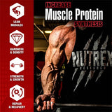Advertisement for Nutrex Research muscle protein supplement showing a muscular arm lifting weights.