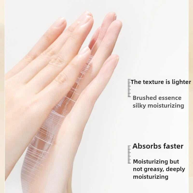 Hands with a transparent product applied, showing texture and absorption properties.