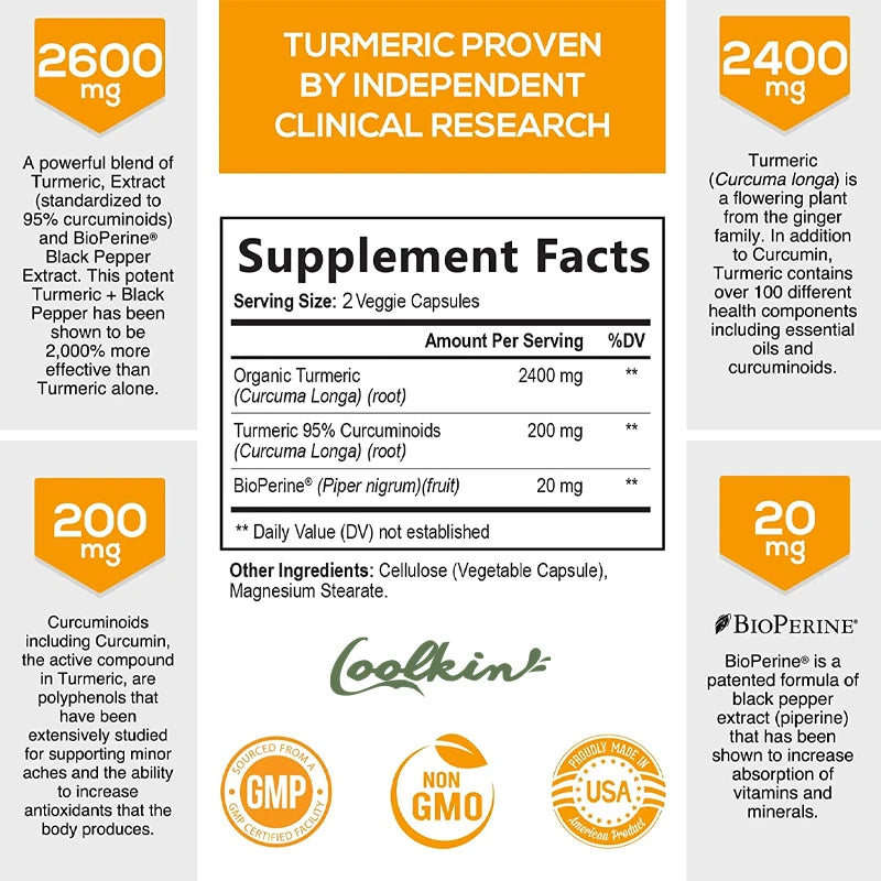 Supplement label for a turmeric product with serving size, ingredients, and branding on a white background.