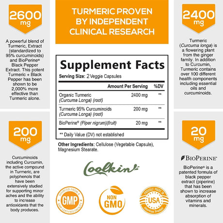 Supplement label for a turmeric product with serving size, ingredients, and branding on a white background.