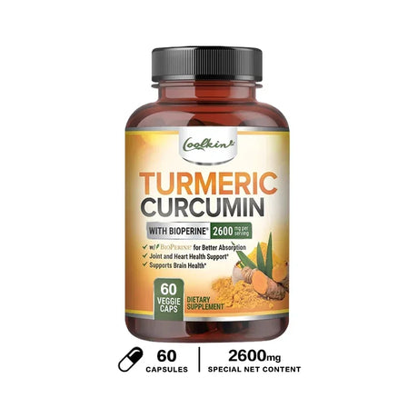 Bottle of Turmeric Curcumin supplement with Bioperine on a white background