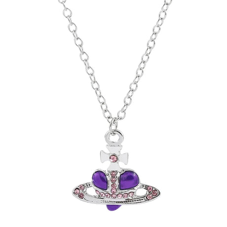 Necklace with a purple heart pendant and chain on a white background