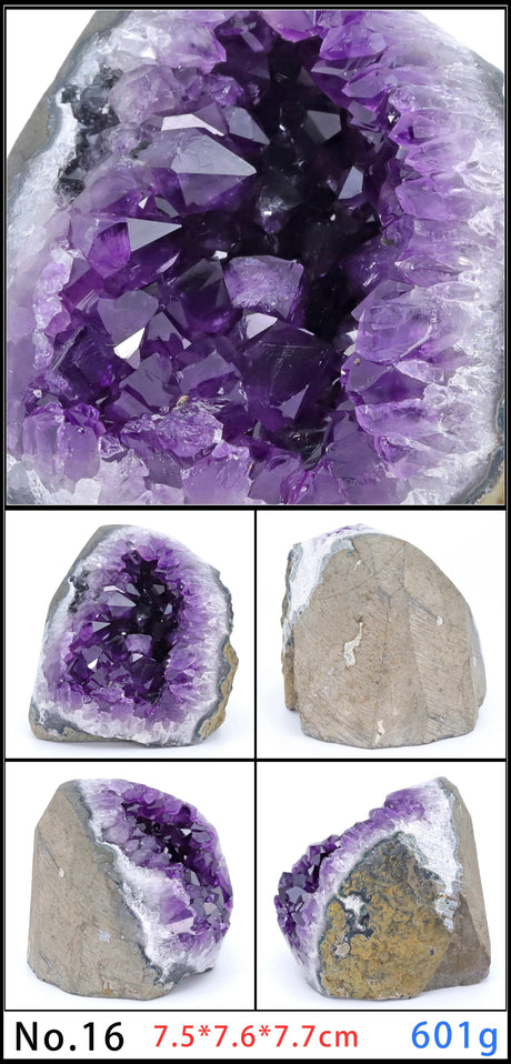 Amethyst geode with six different views of the crystal formation.
