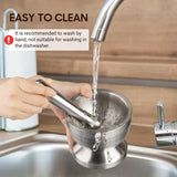 Person washing a metal strainer under running water with text about cleaning instructions.