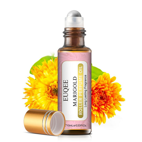 EUQEE Marigold Roller Perfume Oil with marigold flowers on a white background