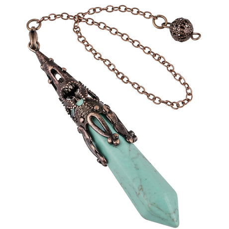 Necklace with turquoise crystal pendant and bronze chain on a white background