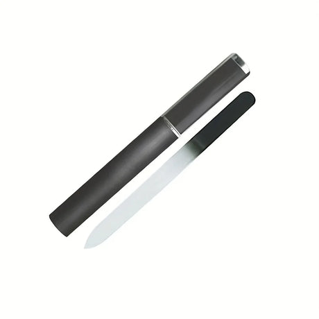 Black nail file with a matching black case on a white background