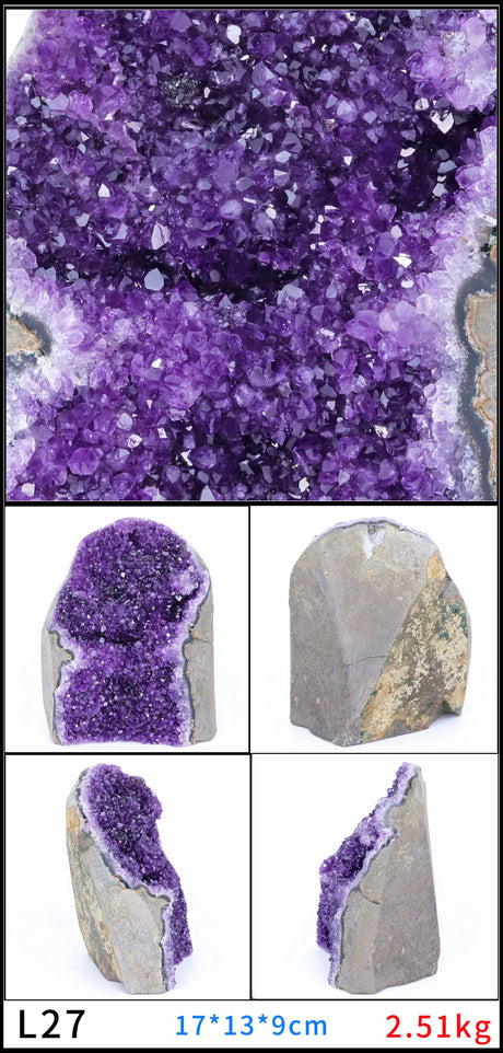 Amethyst crystal with different angles and a size label