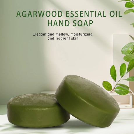 Two green bars of agarwood essential oil hand soap on a light surface with a plant in the background.