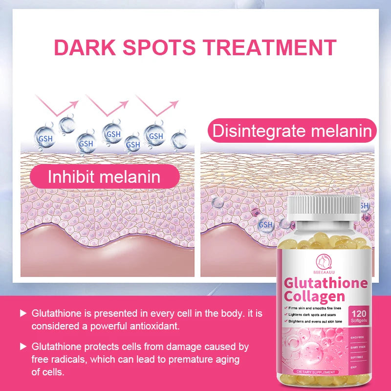 Glutathione collagen supplement for dark spot treatment with text and graphics on a pink and white background.